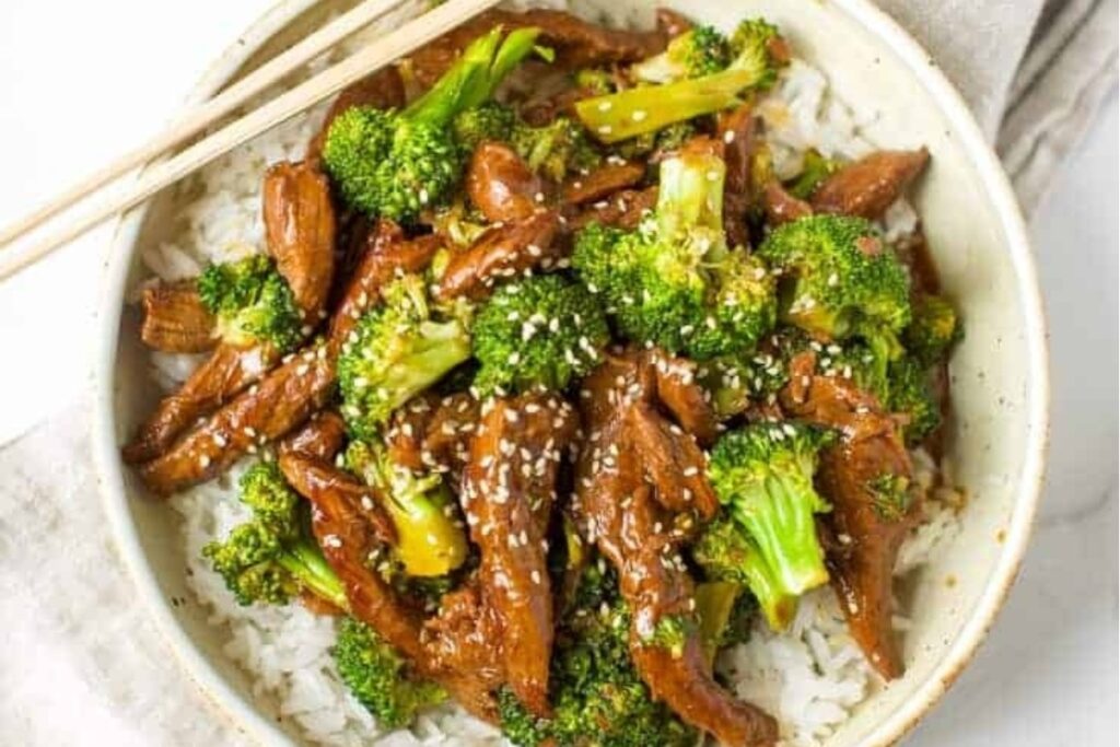 Tender chunks of beef with broccoli, served over rice.