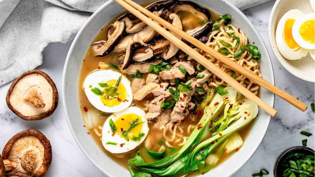 Bok choy ramen in a bowl.