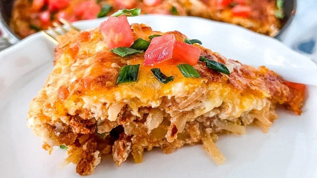 A high protein slice of healthy Mexican breakfast casserole on a plate.