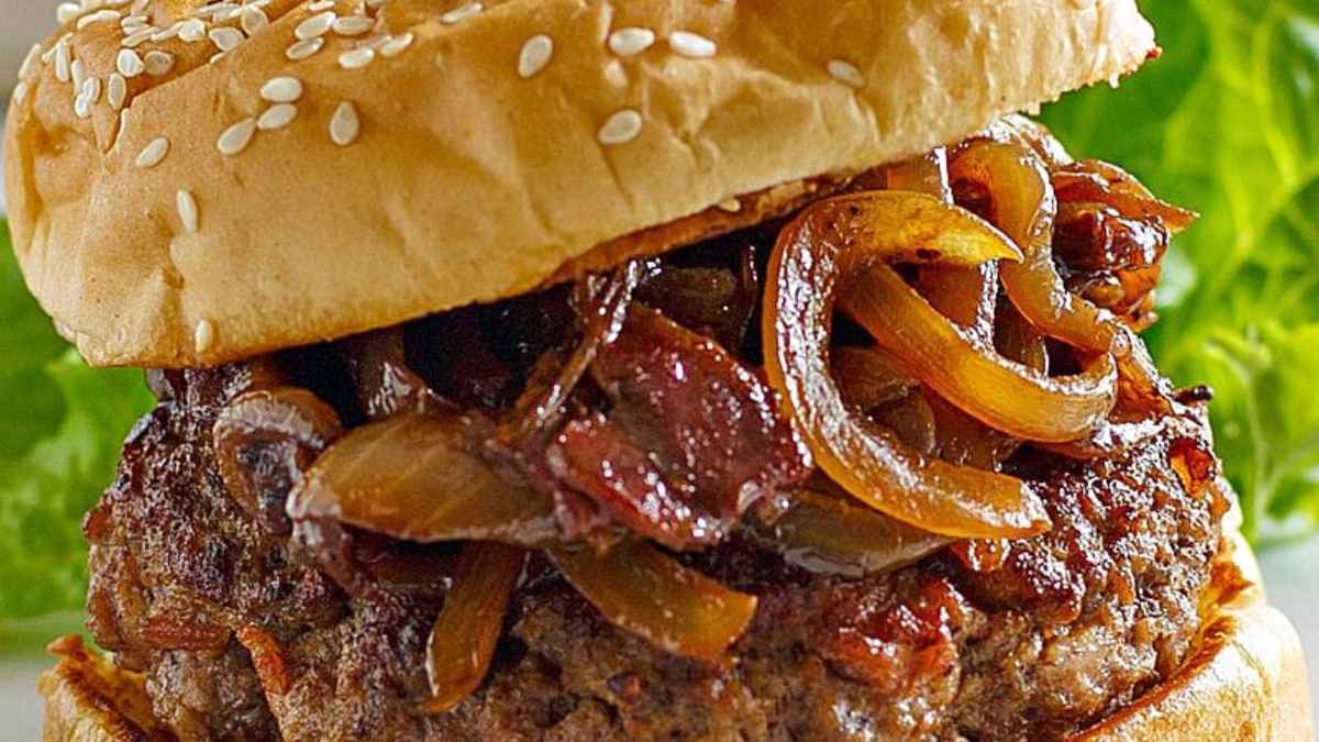 Bacon Burgers With Balsamic Caramelized Onions.