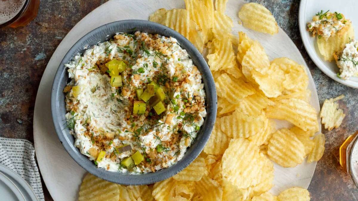 Creamy Fried Dill Pickle Dip With Potato Chips.
