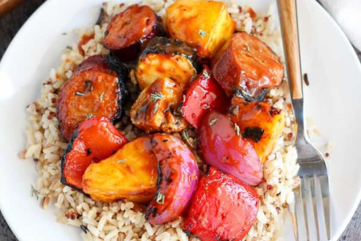Grilled Sausage And Grilled Vegetables. 