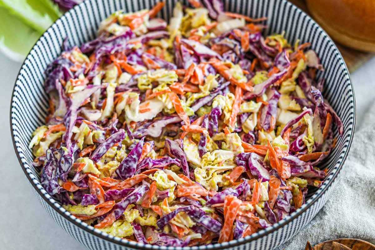 Healthy Greek Yogurt Coleslaw (with Napa and Red Cabbage). 