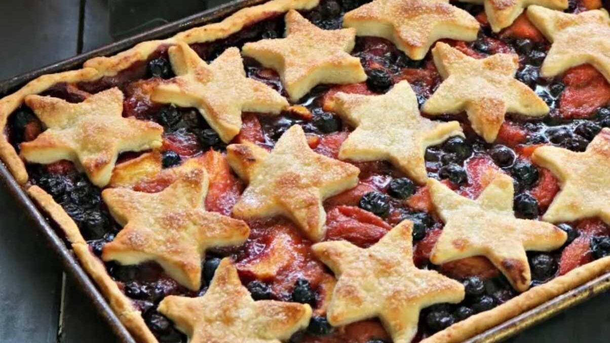 How To Make Sheet Pan Slab Pie With Fresh Peaches And Blueberries.