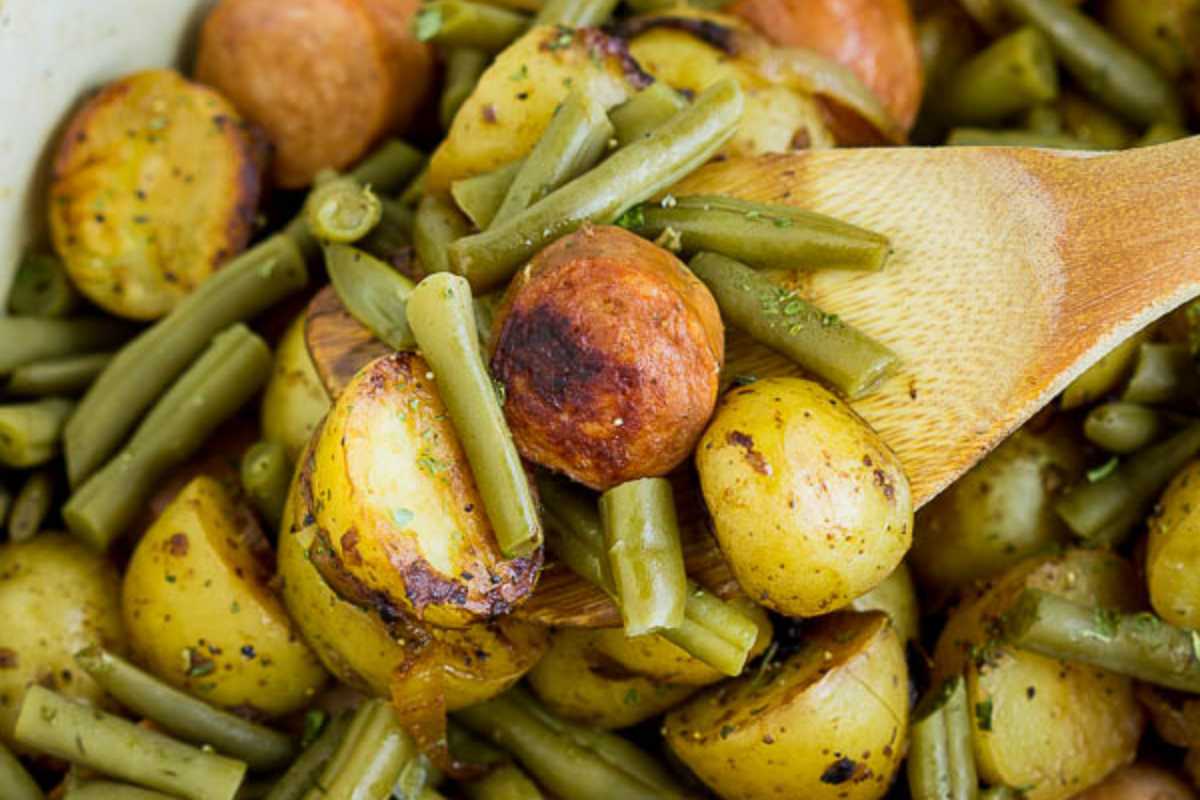 Skillet Sausage Potatoes and Green Beans Recipe.