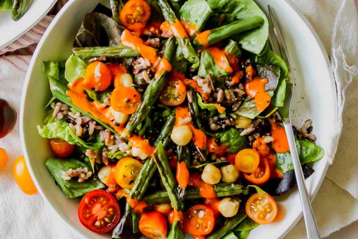 Wild Rice And Bean Salad With Red Pepper Miso Dressing. 