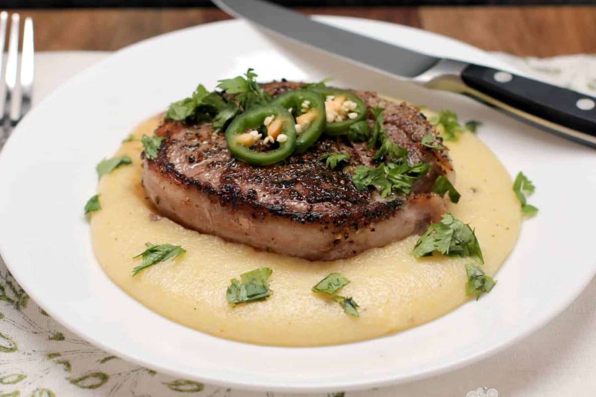 Bacon-Wrapped Peppercorn Filet with Pepperjack Grits.