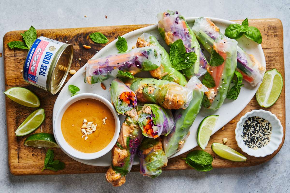 Fresh Spring Rolls With Salmon and Peanut Sauce.