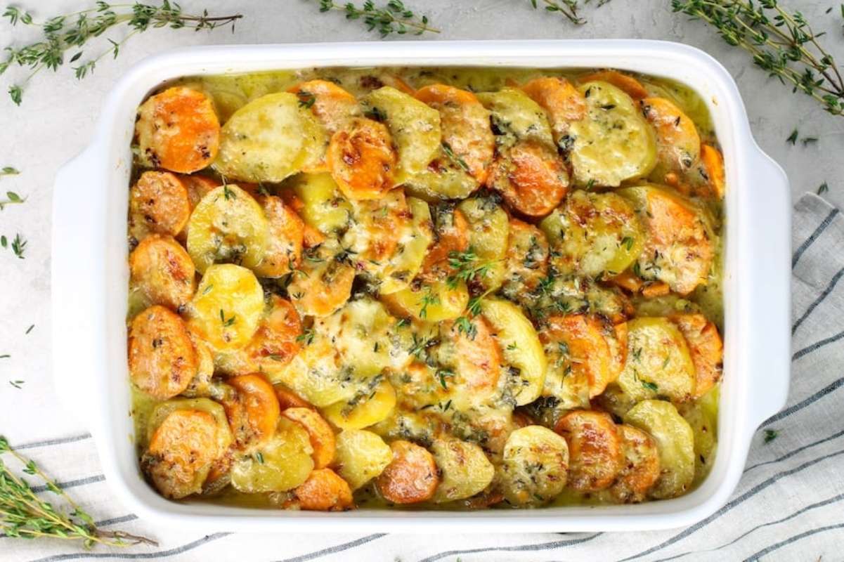 Scalloped Yukon Gold And Sweet Potato Gratin.