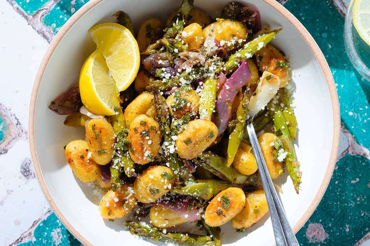 Sheet Pan Asparagus Gnocchi. 