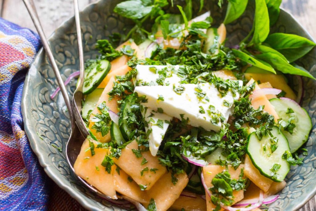 Cucumber Melon Salad With Feta And Mint. 