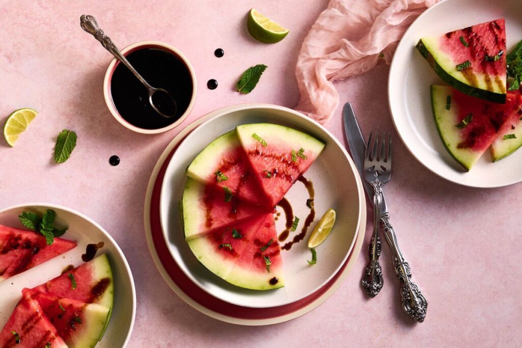 Watermelon-Mint Salad Drizzled With Tamarind Dressing.