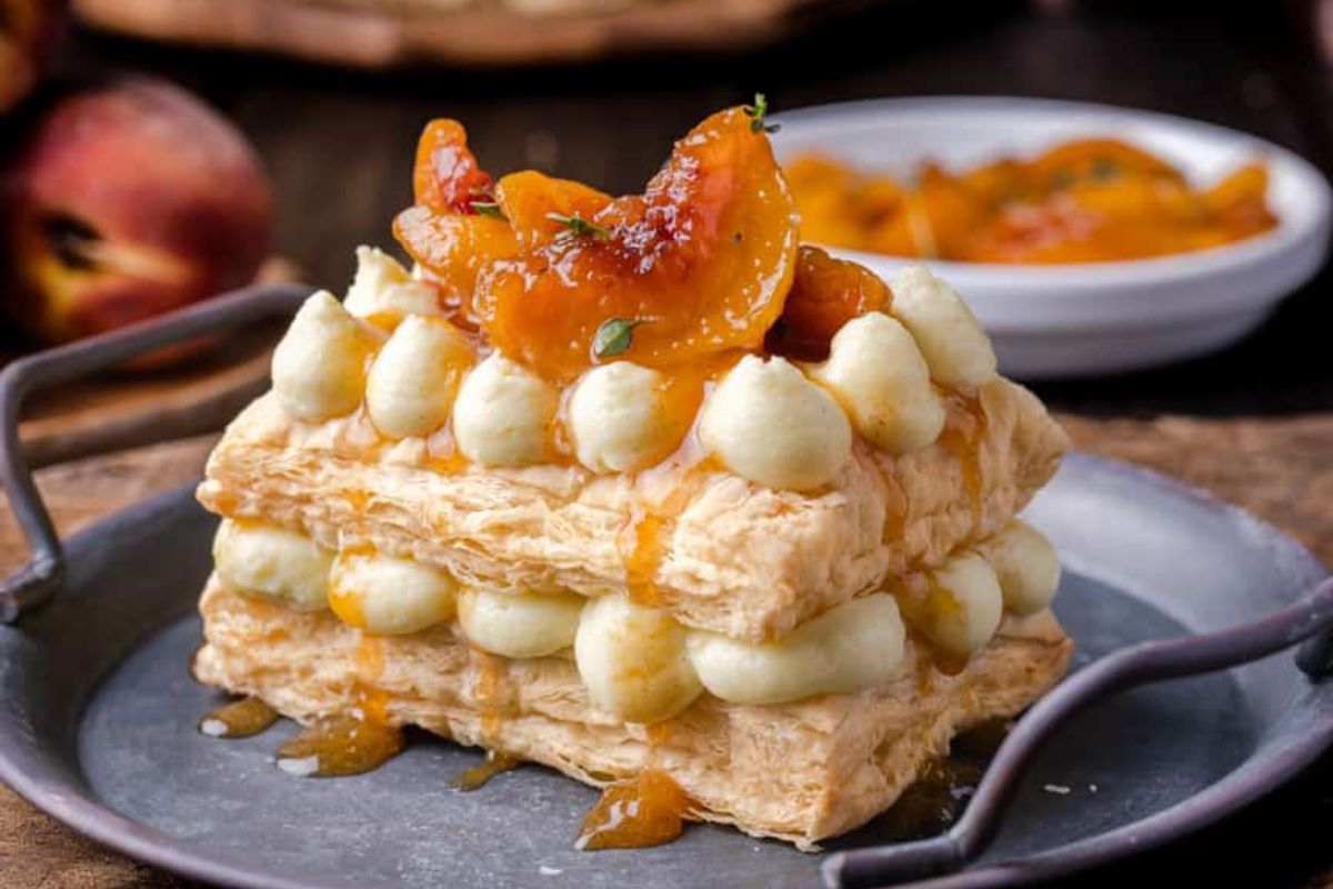 Peach Mille-Feuille With Bavarian Cream. 
