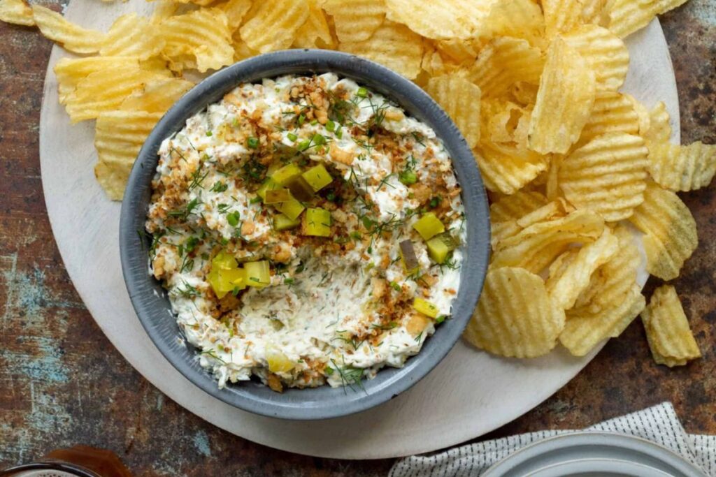 Creamy Fried Dill Pickle Dip With Potato Chips.