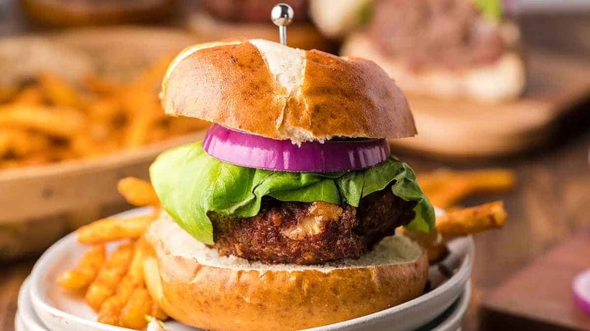 Grilled Gorgonzola Buffalo Burgers In A Pretzel Bun