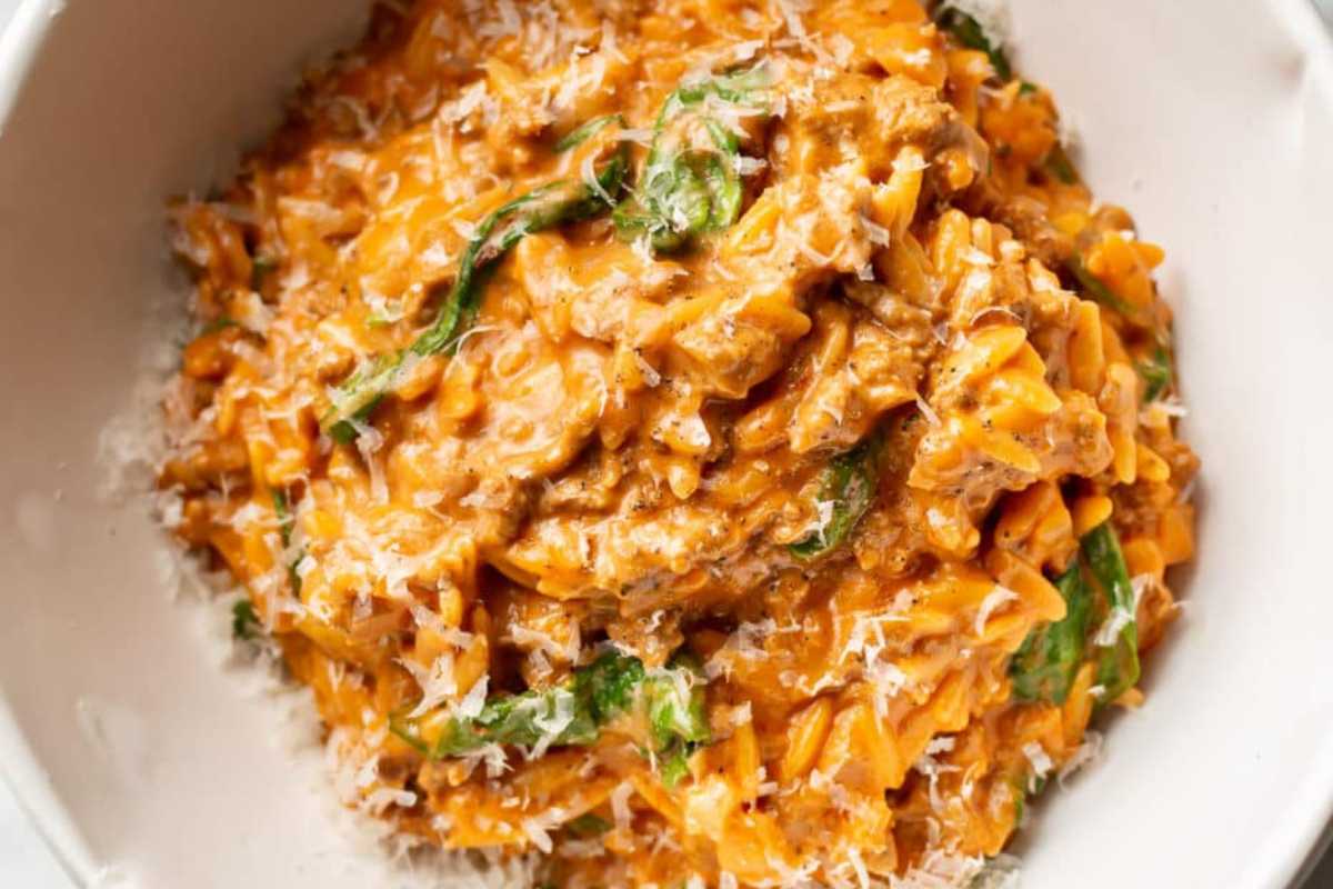 Ground Beef Orzo With Tomato Cream Sauce.