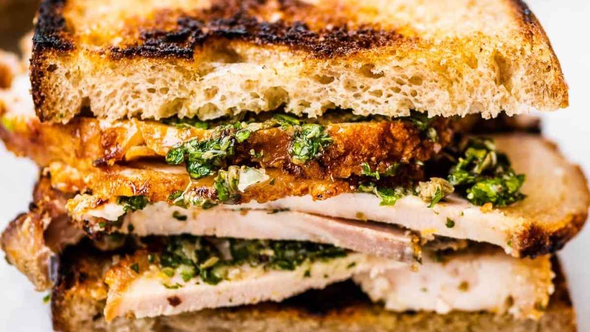 close up of porchetta sandwich