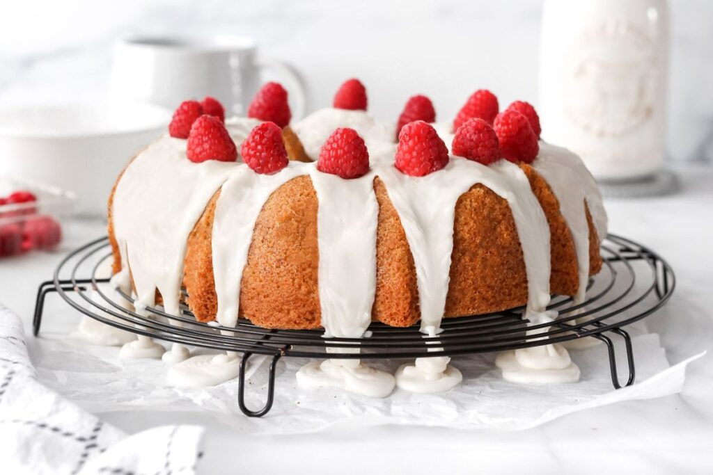 Raspberry White Chocolate Bundt Cake. 