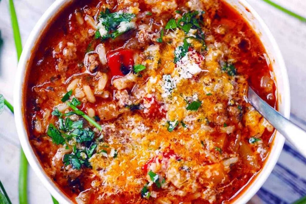 Stuffed Pepper Soup With Ground Beef And Rice.