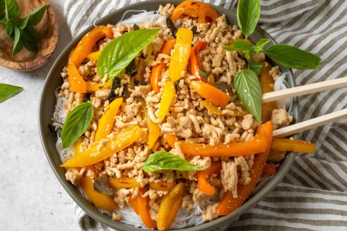 Thai Basil Chicken With Rice Noodles.