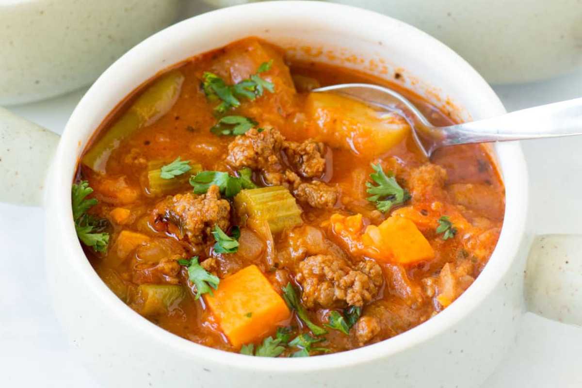 Veggie Loaded Healthy Hamburger Soup Recipe.