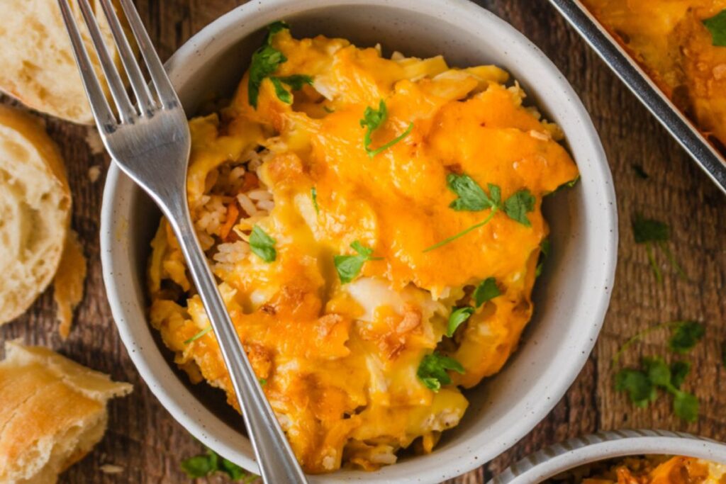 Cheesy Chicken And Rice Casserole.