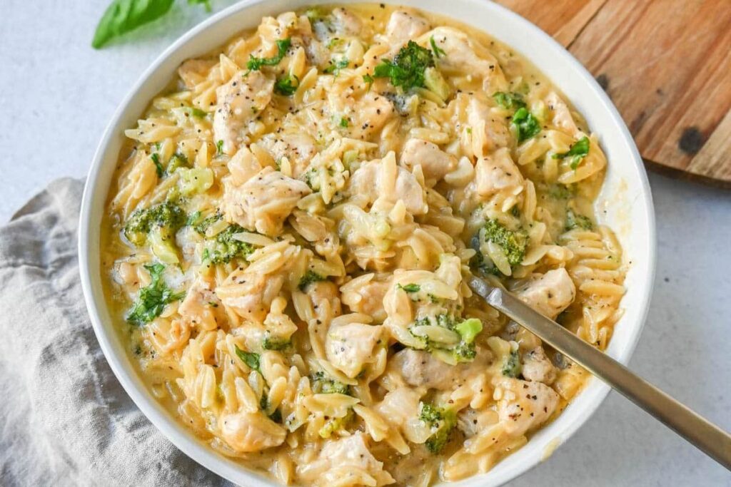 Cheesy Chicken Broccoli Orzo.