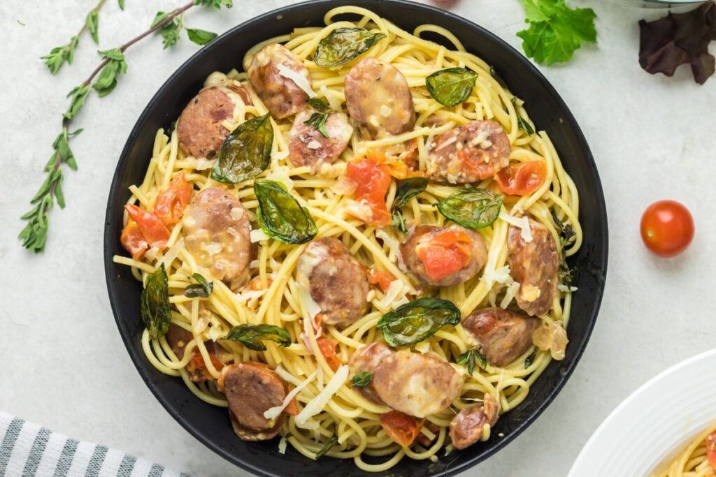 Chorizo Pasta And Fried Basil.