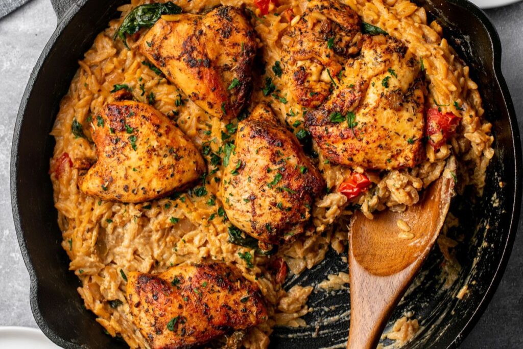 Creamy Dairy-Free Tuscan Chicken Skillet With Orzo.