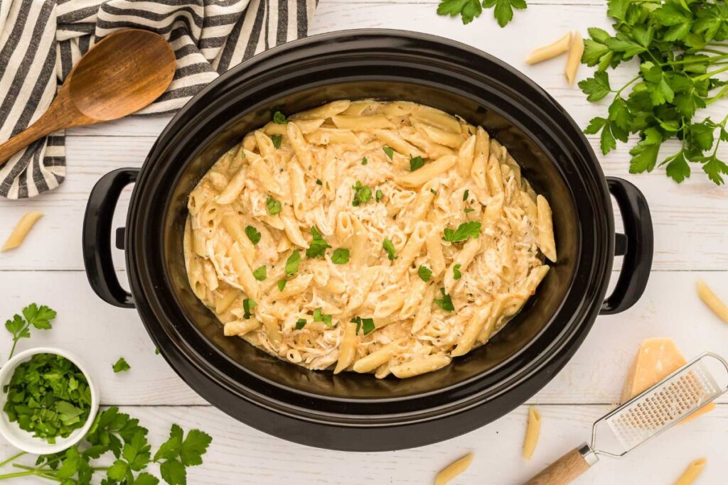 Crockpot Garlic Parmesan Chicken Pasta. 