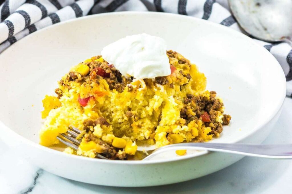Easy Cheesy Cornbread Taco Casserole.
