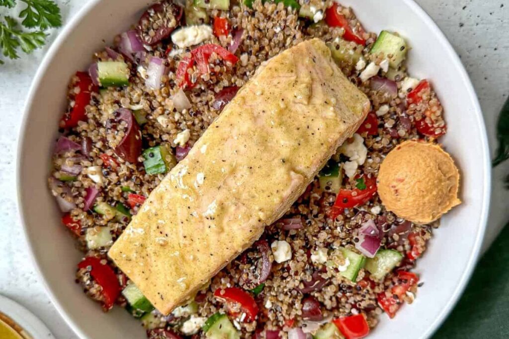 Greek Salmon Quinoa Bowl.
