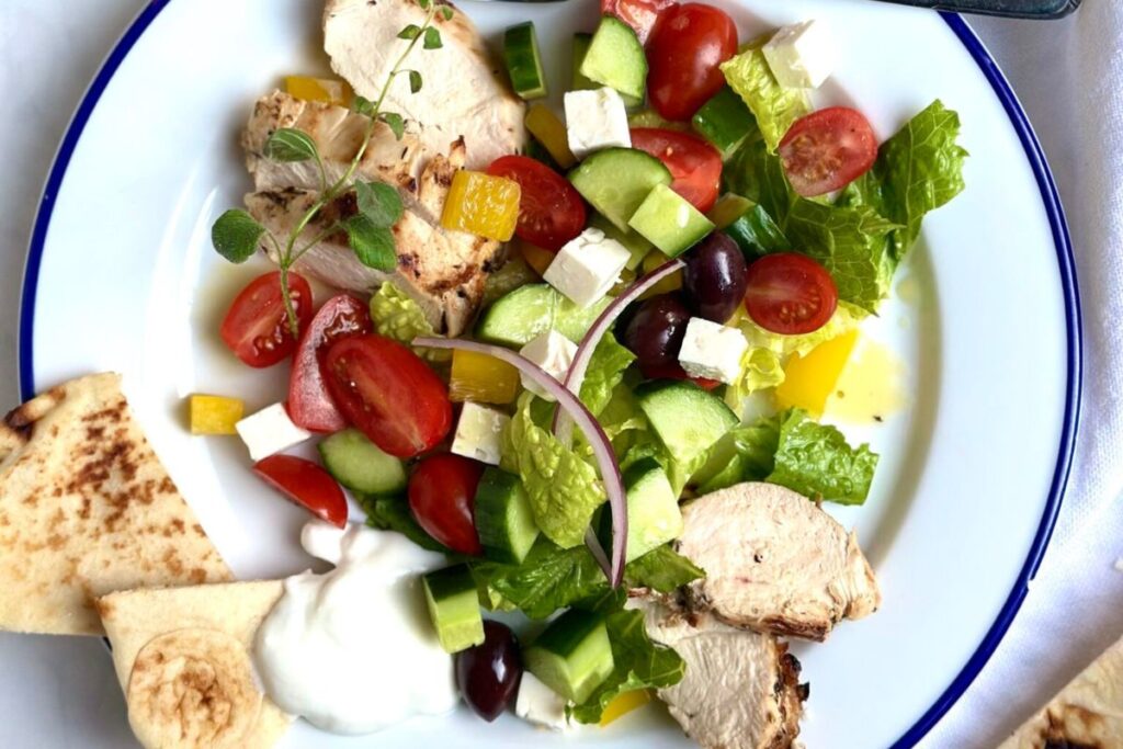 Grilled Chicken Souvlaki Salad. 