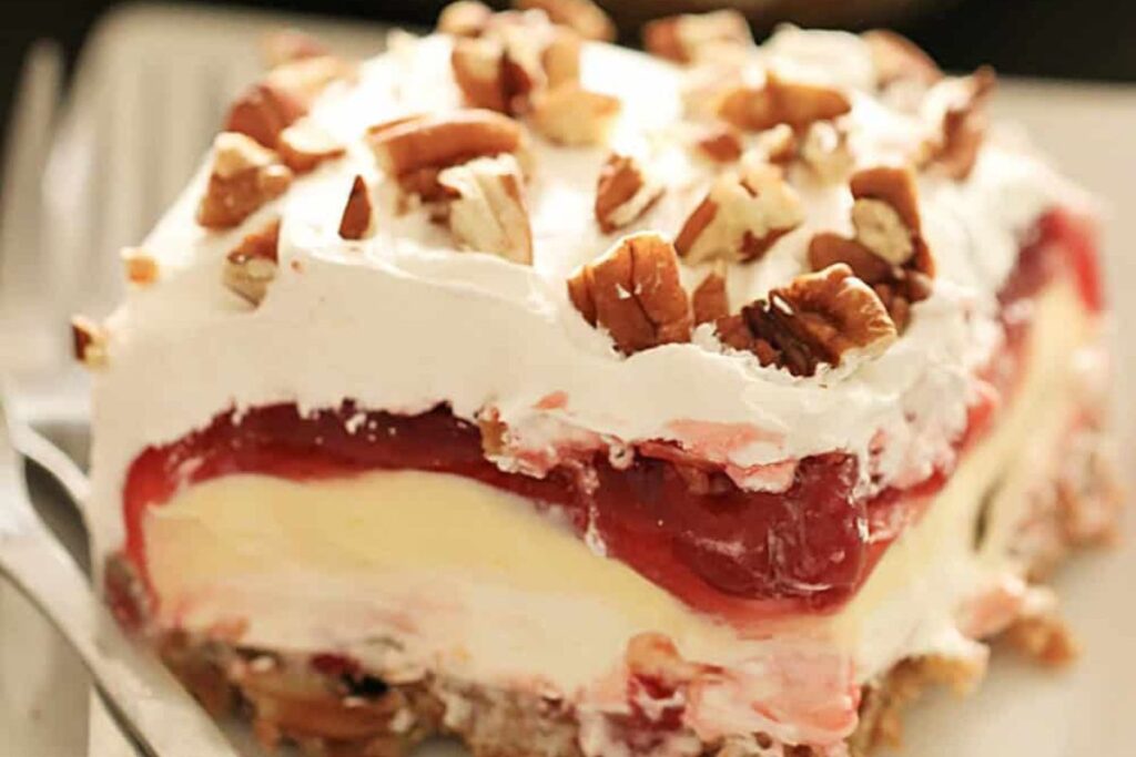 Layered Cherry Cheesecake Lush Dessert.