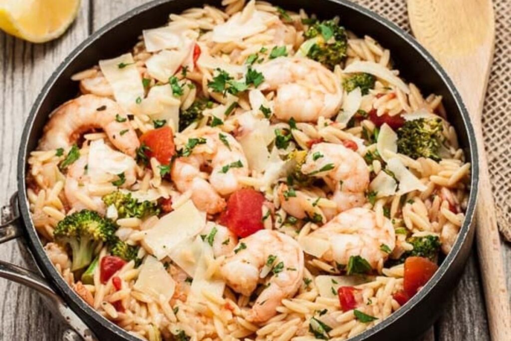 One Pot Lemon Orzo with Shrimp. 