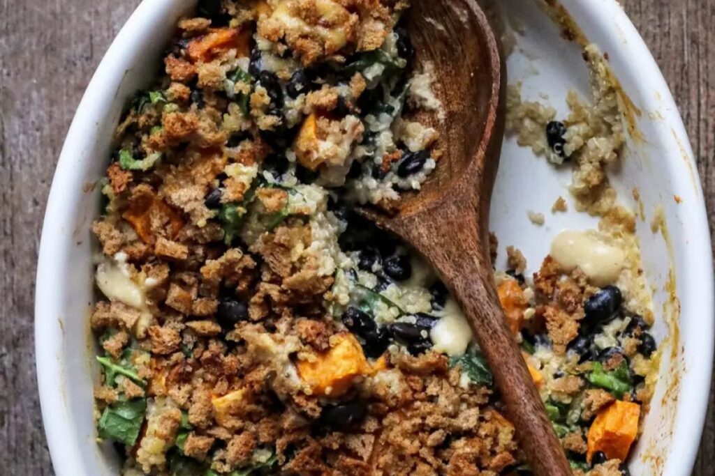 Sweet Potato Casserole with Black Beans, Kale and Quinoa.