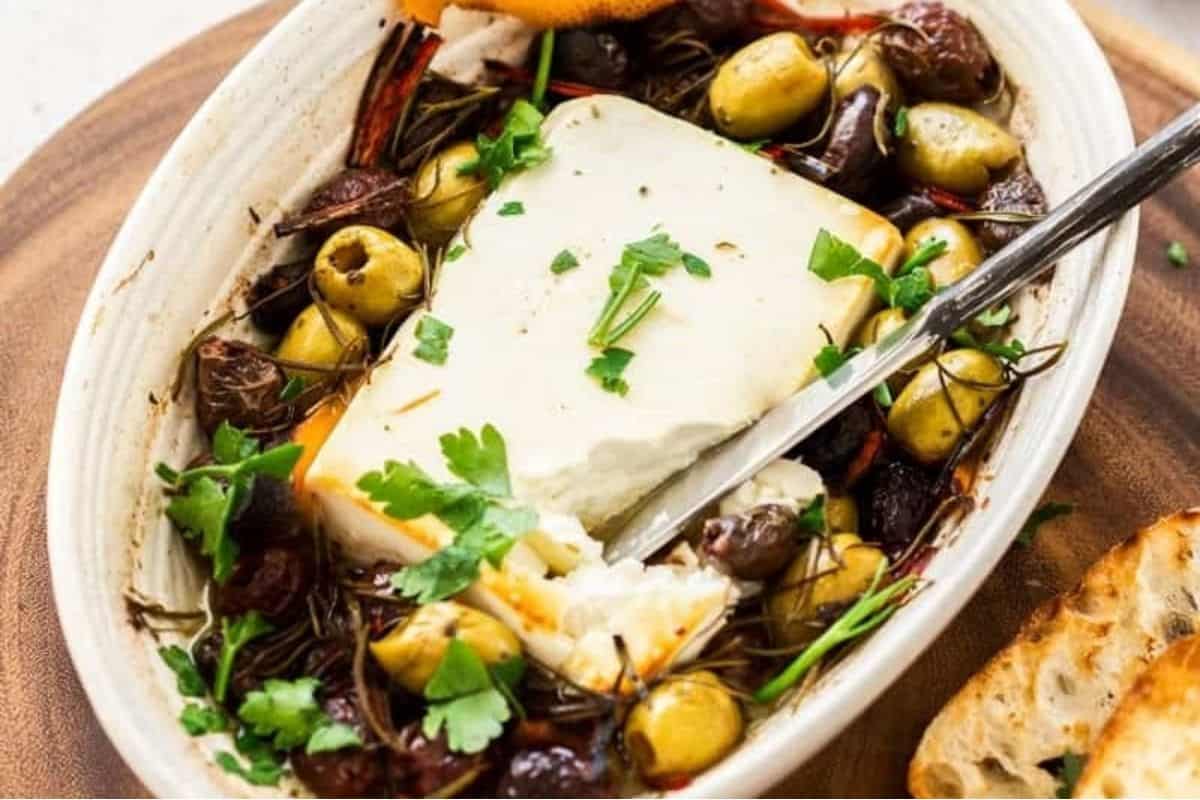 Baked Feta Cheese With Olives.