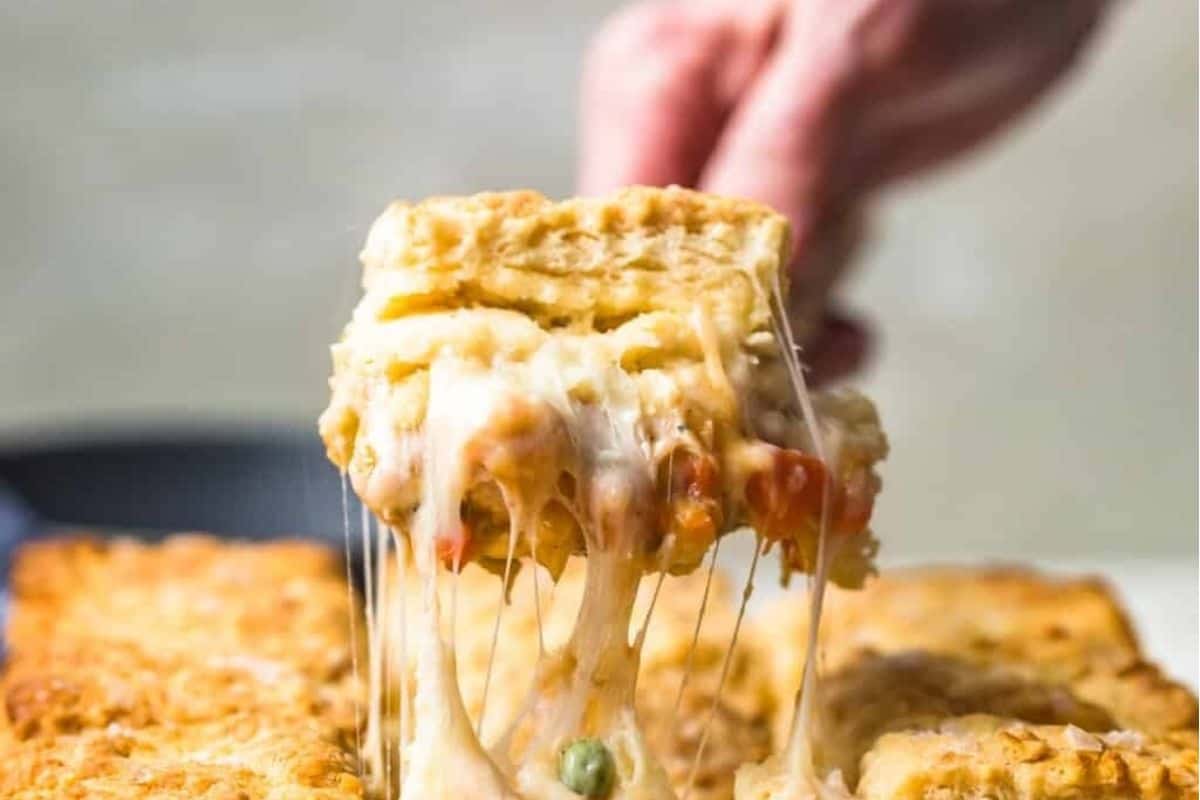 Cheesy Chicken Pot Pie with Biscuit Topping.