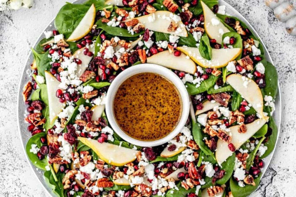 Christmas Wreath Salad with Pomegranate and Pear.