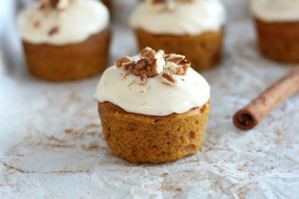 Mini Pumpkin Spice Cupcakes With Maple Cream Cheese Frosting.