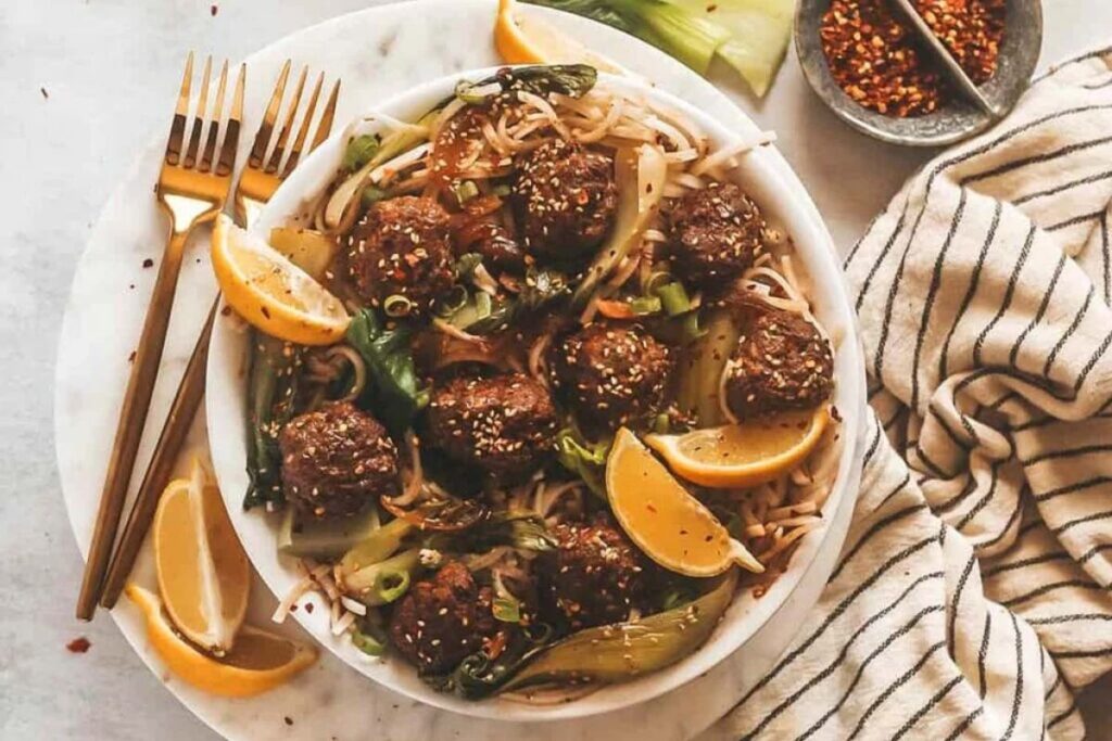 Balsamic Meatballs with Rice Noodles. 